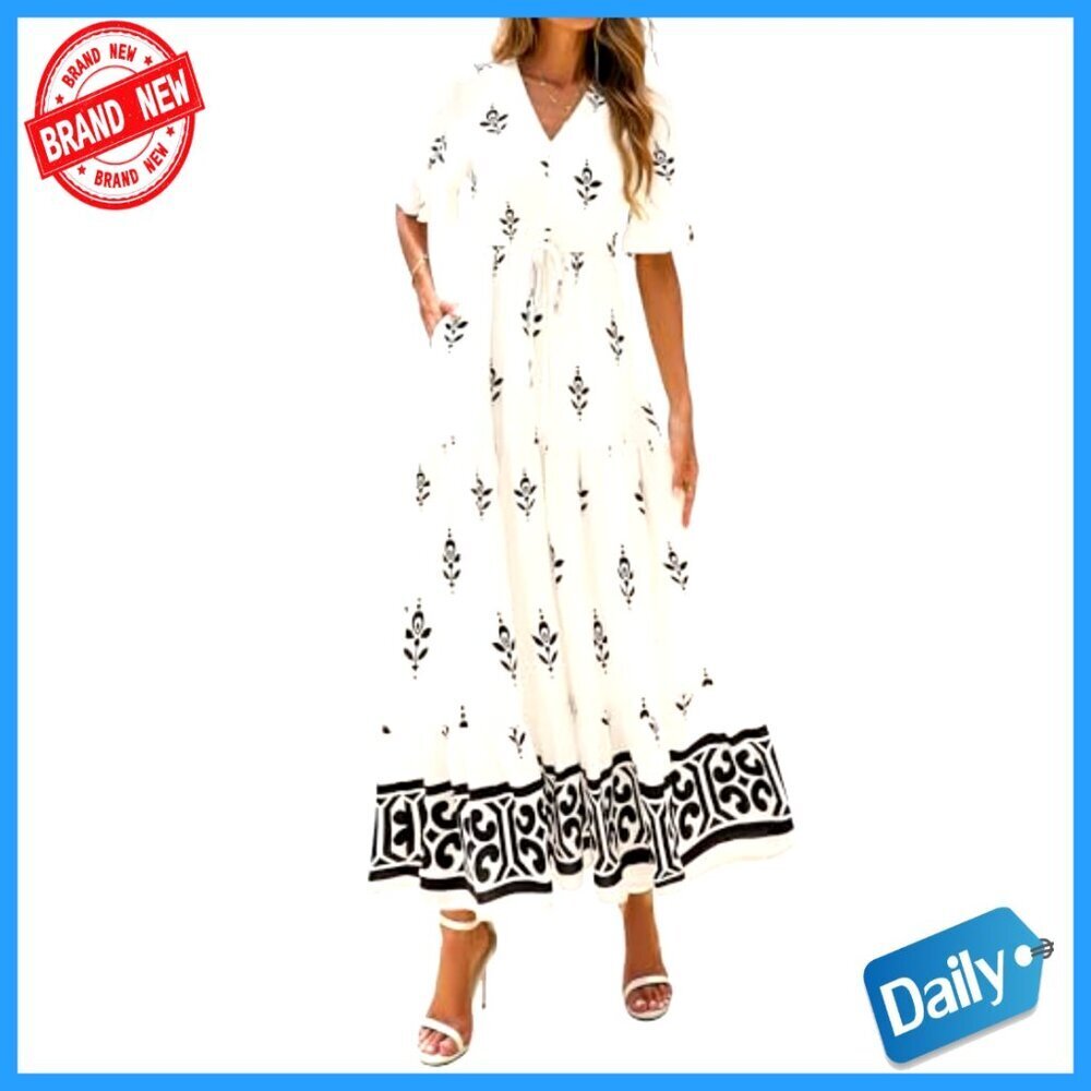 Floral Boho Maxi Dress with Pockets, V-Neck, Short Sleeve, Elastic Waist - Picture 2 of 7